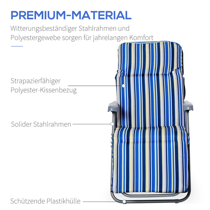 Sæt med 2 foldbare liggestole med hynder, justerbar ryglæn med 5 positioner, havestol, havemøbelsæt, stål, polyester, blå, 60 x 75 x 65-102 cm