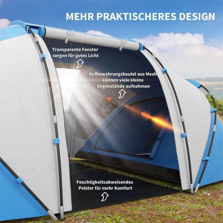 Let, stabilt, vandtæt campingtelt til 4-6 personer, familietelt med indgang og bund, 2000 mm vandsøjle, tunneltelt, kuppeltelt til camping, rejser, trekking og havebrug, blå