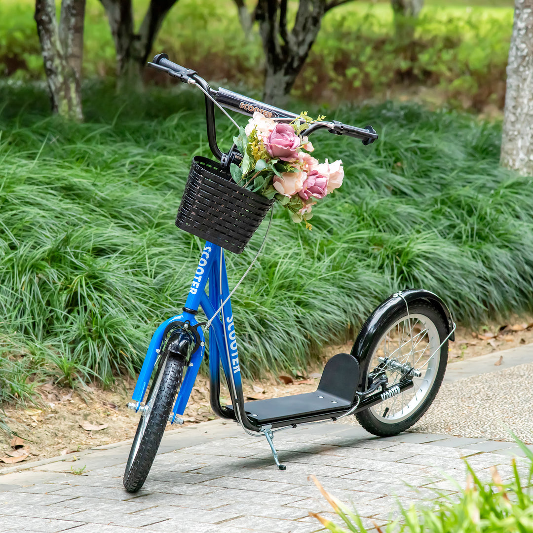 Børnescooter, løbehjul med bremse, inklusive kurv, højdejusterbar, til børn 5-12 år, blå+sort