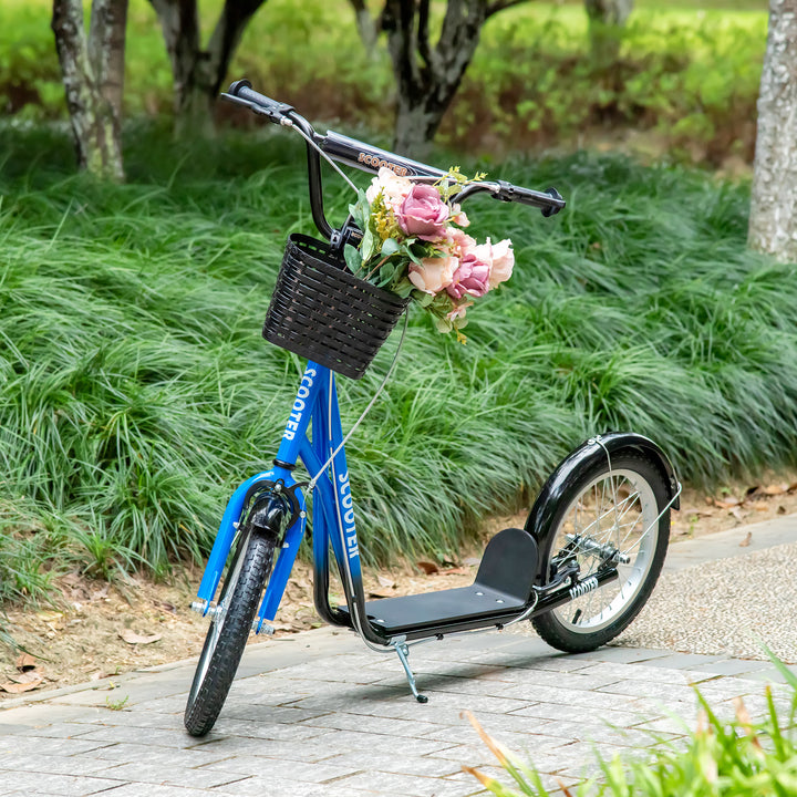 Børnescooter, løbehjul med bremse, inklusive kurv, højdejusterbar, til børn 5-12 år, blå+sort