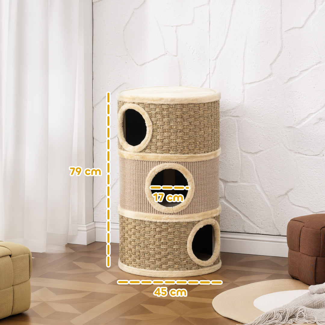 Kradsetønde, 79 cm høj, Ø45 cm, tre-etagers kattetønde med sisalreb, kattehule, til store katte, khaki+brun