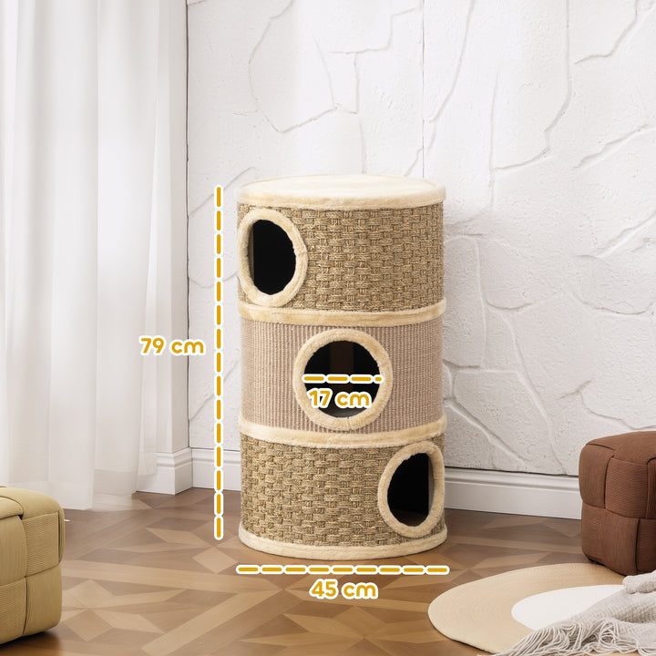 Kradsetønde, 79 cm høj, Ø45 cm, tre-etagers kattetønde med sisalreb, kattehule, til store katte, khaki+brun