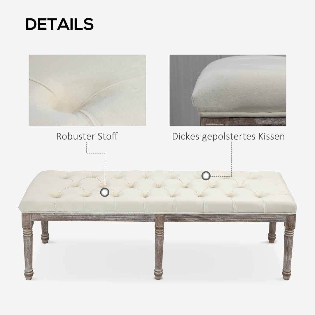 Polstret bænk vintage sengebænk med knapper velour touch gummitræ beige 142 x 47 x 51 cm