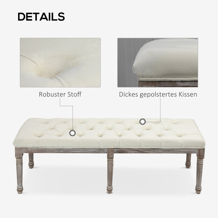 Polstret bænk vintage sengebænk med knapper velour touch gummitræ beige 142 x 47 x 51 cm