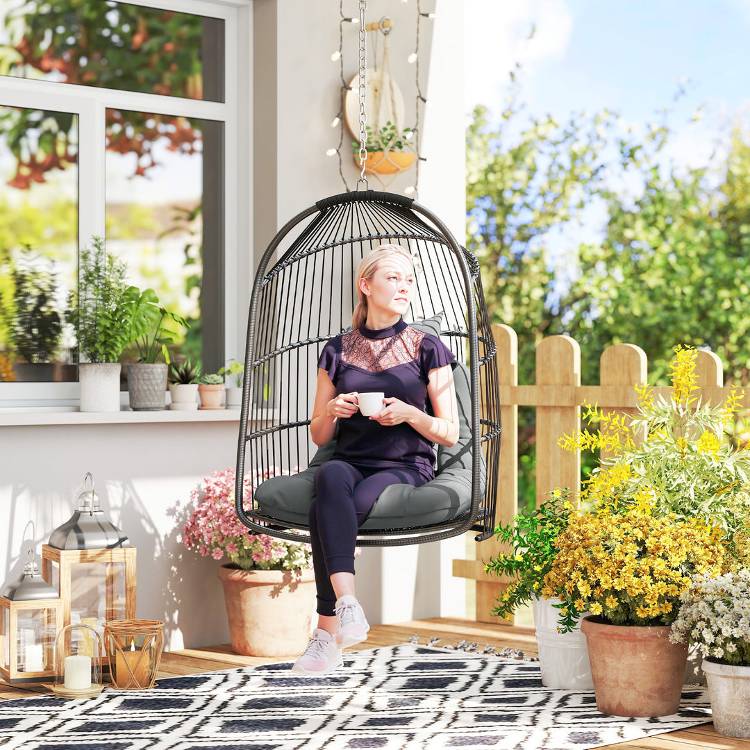 Hængestol hængekurv med hynde polyrattan gynge udendørs indendørs sammenklappelig bæreevne op til 150 kg mørkegrå