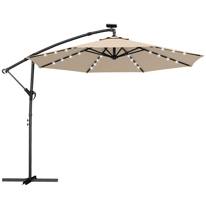 LED solcelledrevet parasol, ca. Ø300 cm, drejelig, med håndsving, beskyttelsesovertræk, beige