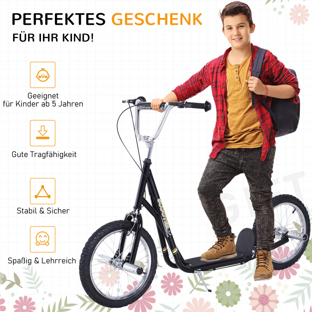 Børnescooter med pneumatiske dæk, sparkscooter, city scooter til børn, sparkbræt 16 tommer fra 5 år, højdejusterbar, sort, 143 x 58 x 92-100 cm