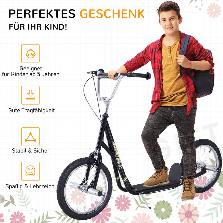 Børnescooter med pneumatiske dæk, sparkscooter, city scooter til børn, sparkbræt 16 tommer fra 5 år, højdejusterbar, sort, 143 x 58 x 92-100 cm