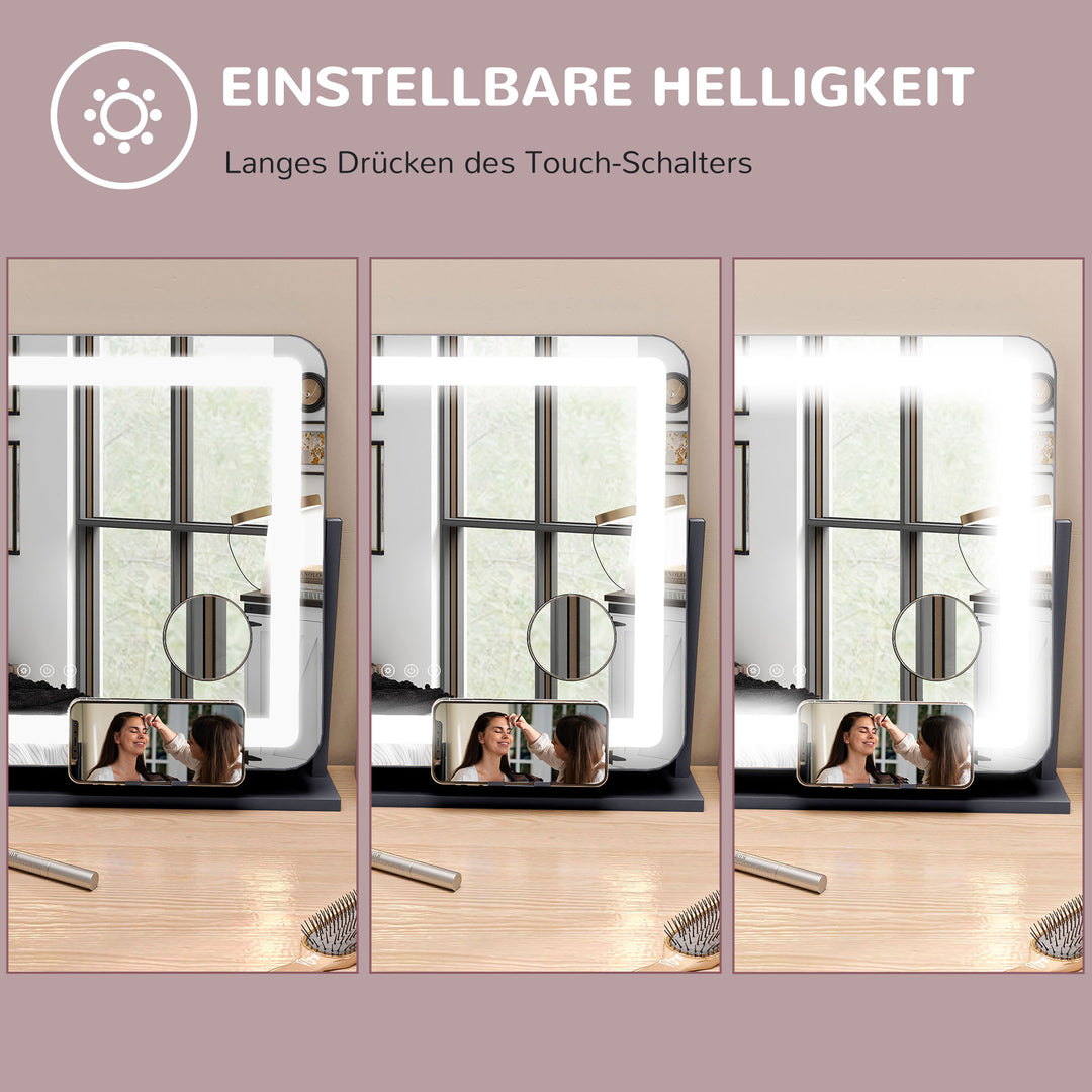Makeupspejl med led-lys, usb-port, 3 tilstande, roterbar, sort
