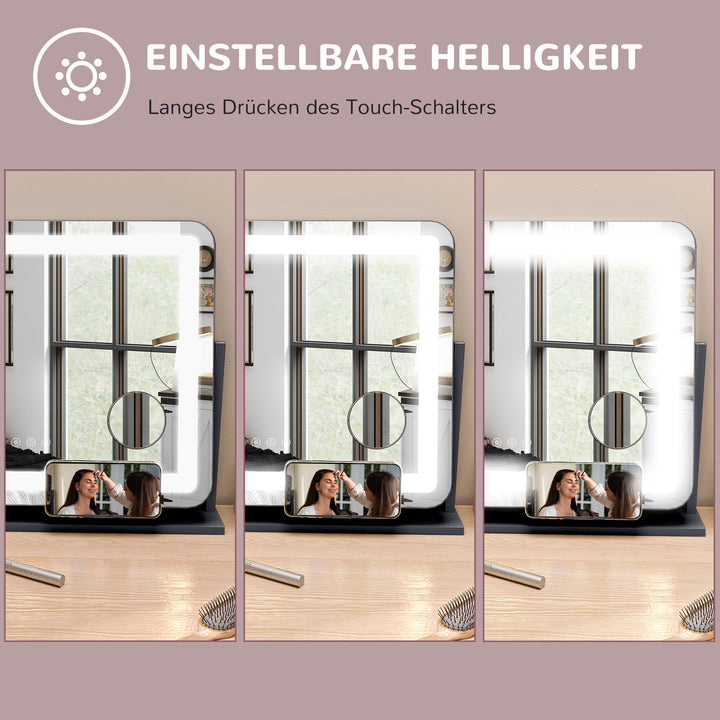 Makeupspejl med led-lys, usb-port, 3 tilstande, roterbar, sort