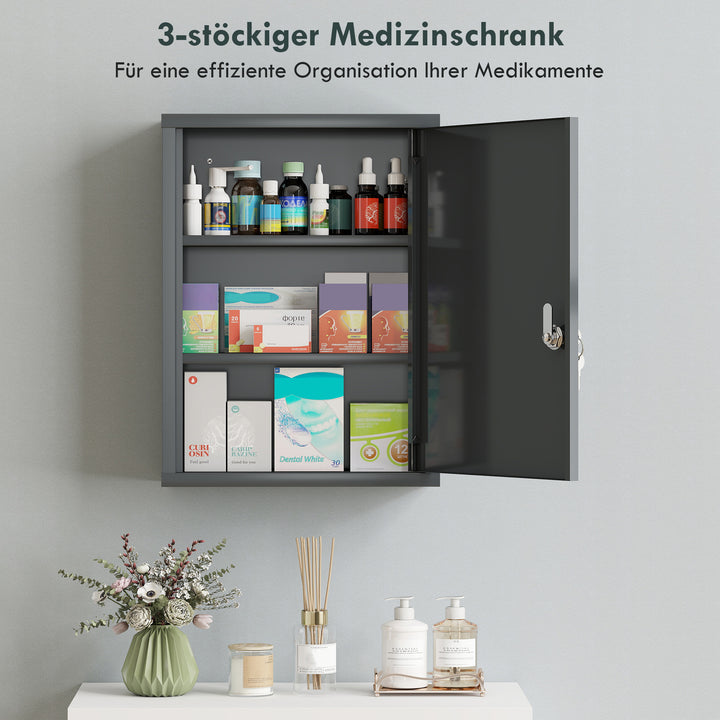Vægmonteret medicinskab med lås, 3-etagers stålvægskab, 40 x 15 x 53,5 cm, trækulsgrå