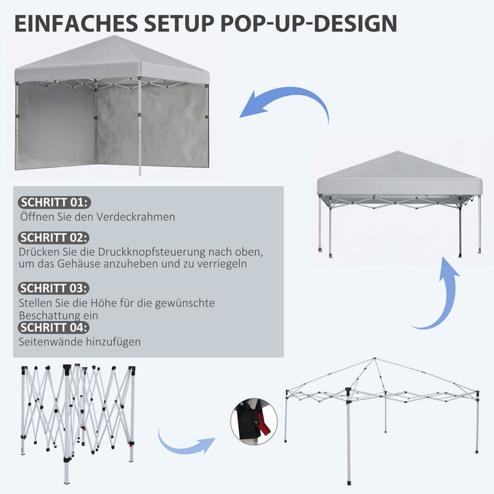 Foldbar pavillon, to sidepaneler, bæretaske, stålramme, lysegrå, 3 x 3 x 2,7 m