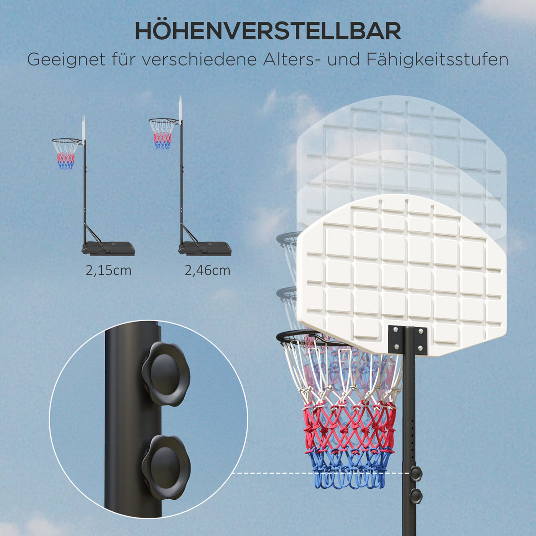 Højdejusterbar fritstående basketballkurv med net og hjul, stor base, 179-209 cm, plast, stål