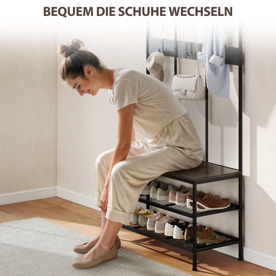 3-i-1 knagerække, knage, bænk, skohylde, metal, spånplade, sort