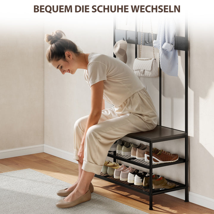 3-i-1 knagerække, knage, bænk, skohylde, metal, spånplade, sort
