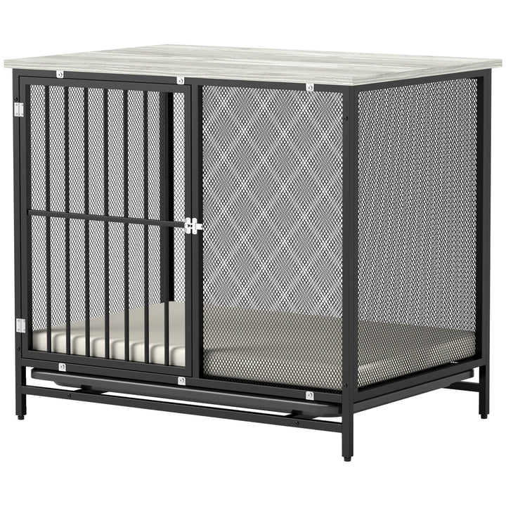 Hundebur med polstret seng, hævet bund, justerbare fødder, 80x55x71 cm, eg/sort