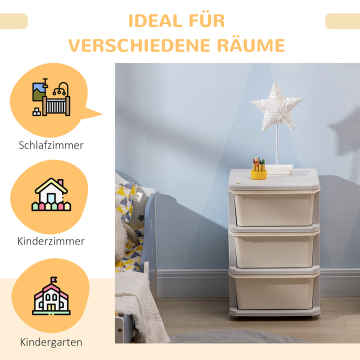 Opbevaringskasser til børn, 3 store skuffer, afrundede kanter, plastik, 37 x 37 x 56,5 cm, cremehvid