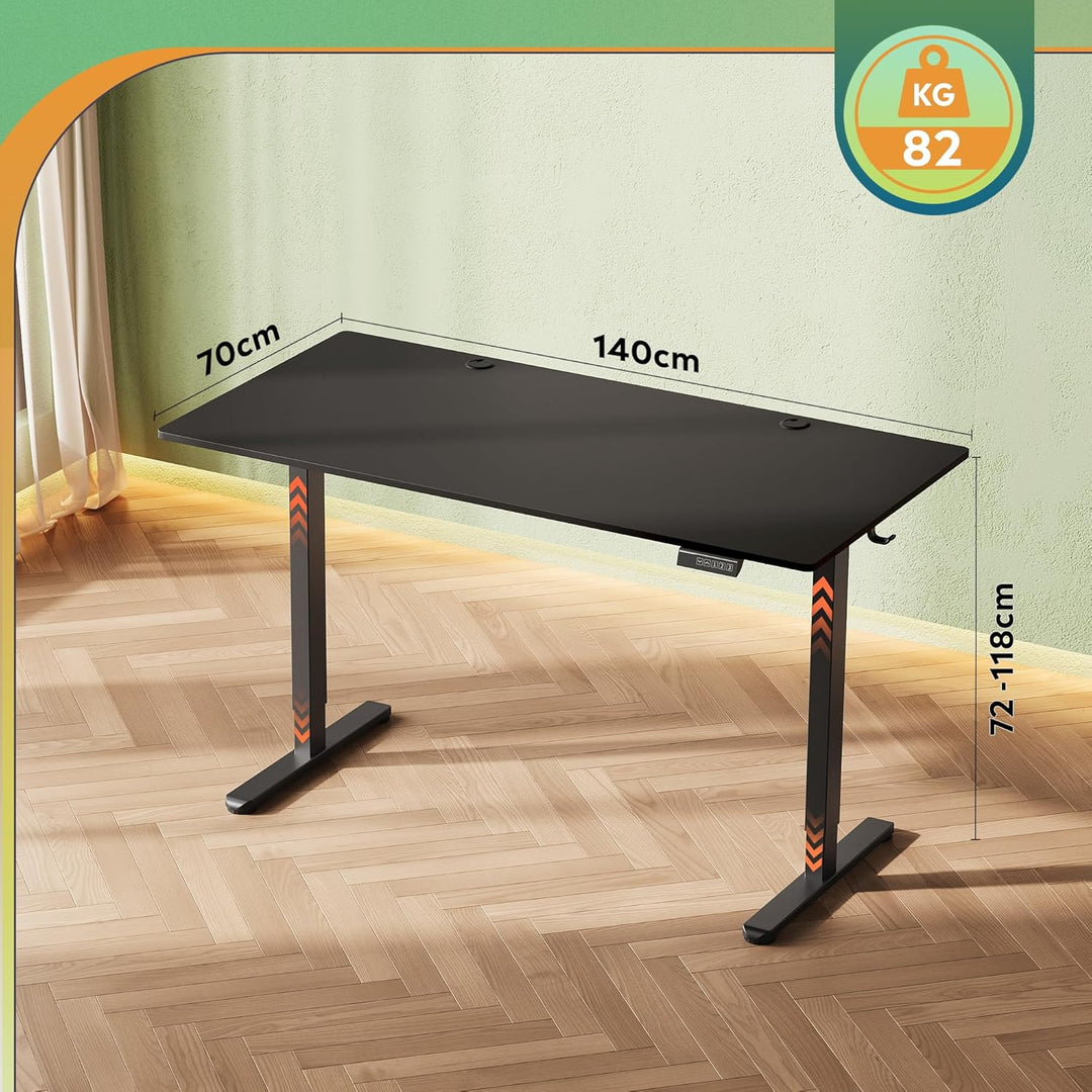 DEVAISE højdejusterbart skrivebord 140×70 cm, bordplade i ét stykke, støjsvag motor med 3 højdehukommelsesindstillinger, ergonomisk hæve-sænke skrivebord til kontoret, sort