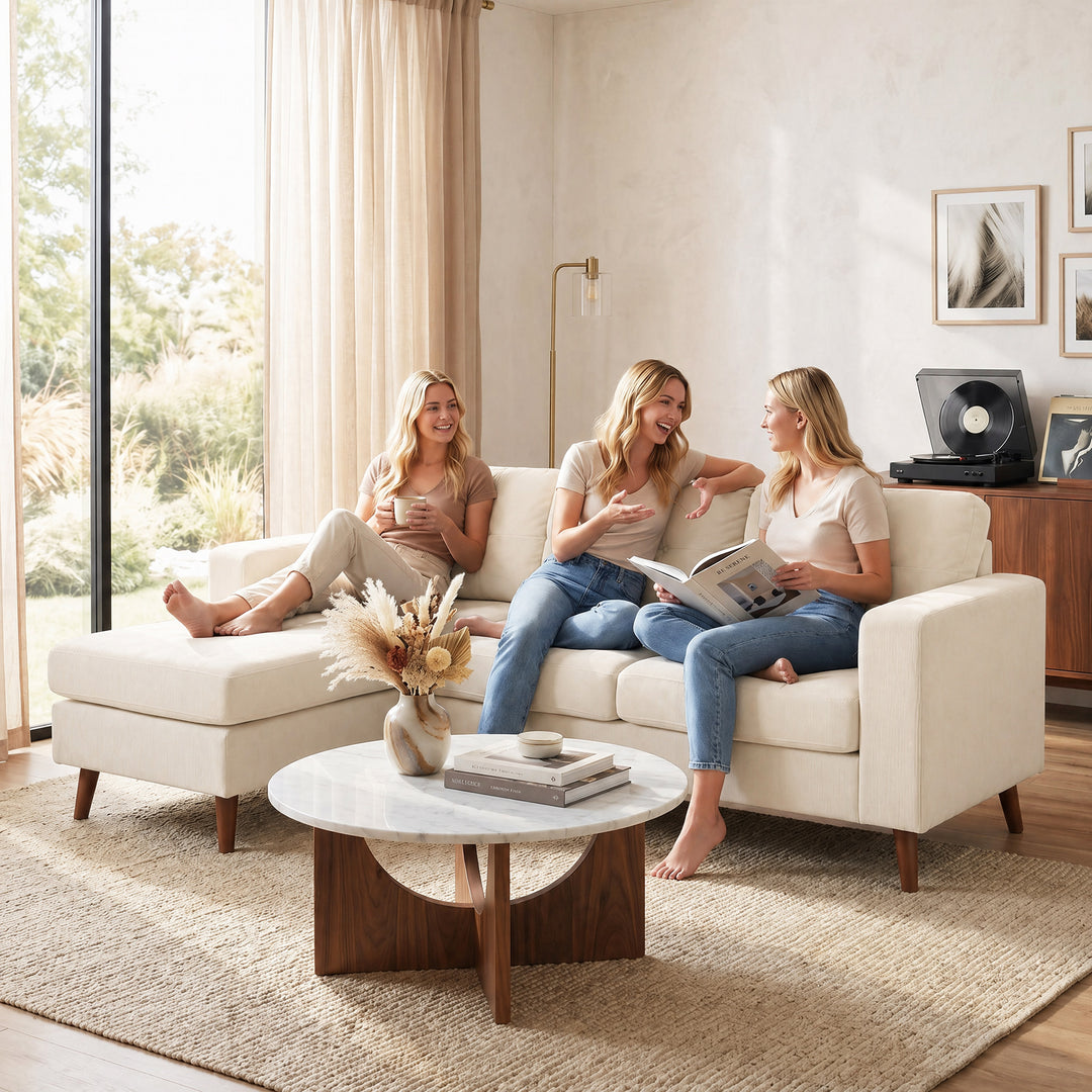 Hjørnesofa 192 cm L-formet 3-personers sofa med vendbar chaiselong, corduroy-look, til små rum, cremehvid