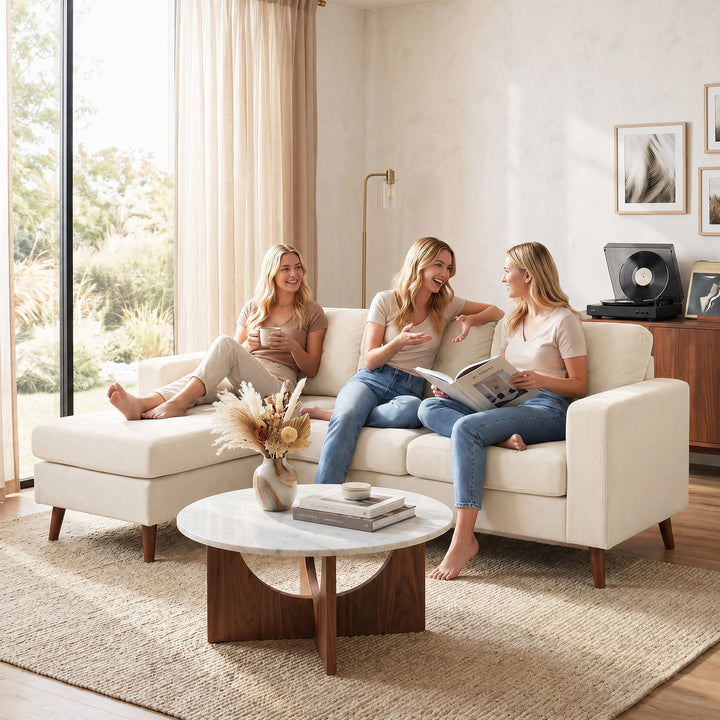 Hjørnesofa 192 cm L-formet 3-personers sofa med vendbar chaiselong, corduroy-look, til små rum, cremehvid