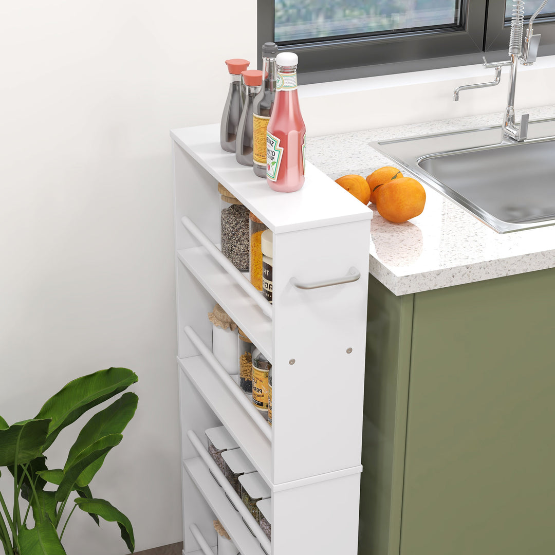 Multifunktionshylde med hjul, slankt design, 4 rum, 45 x 15 x 91 cm, hvid