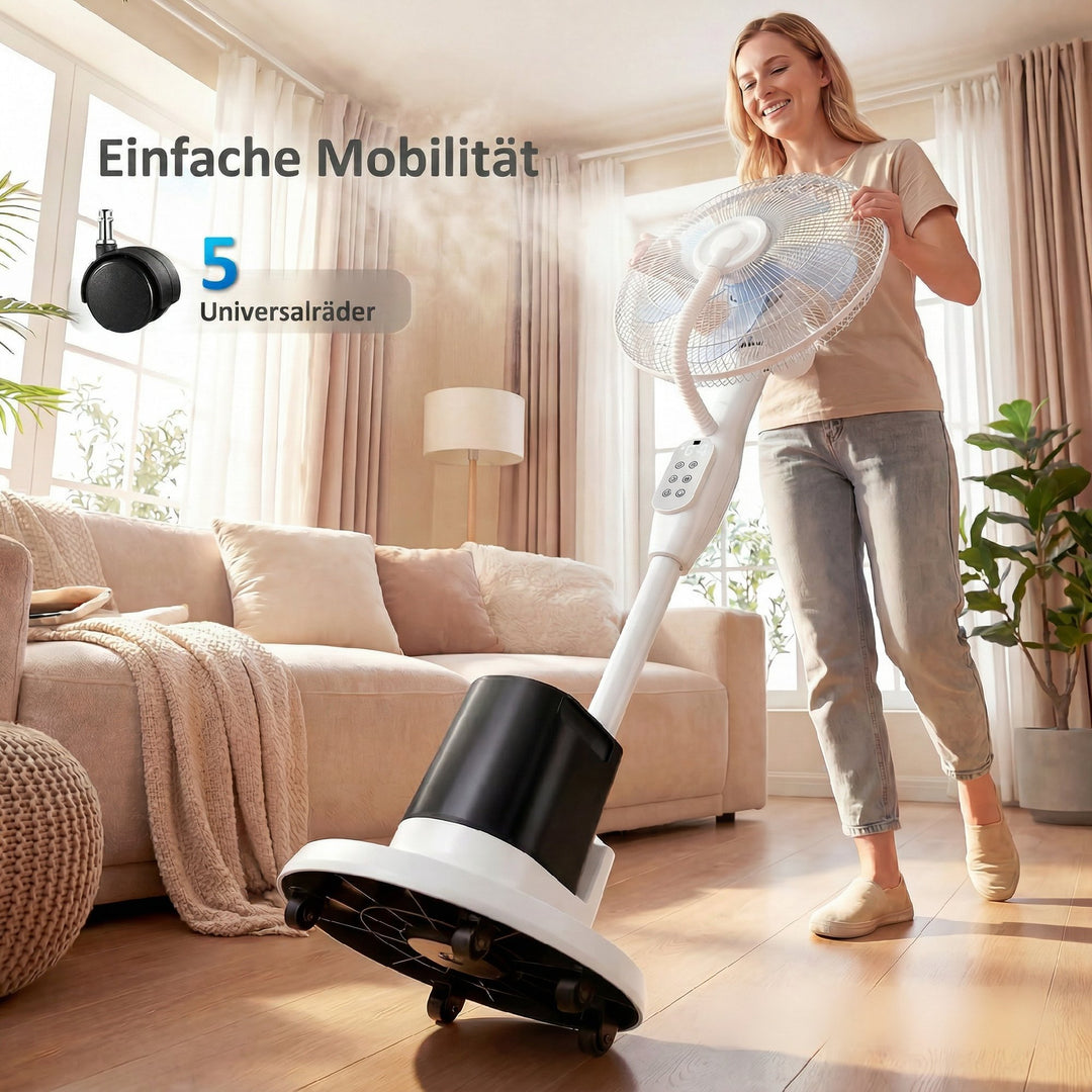 Stående ventilator med dugfunktion, 70° oscillation, 3 hastigheder, 3 tilstande, 3,5L vandtank, hvid