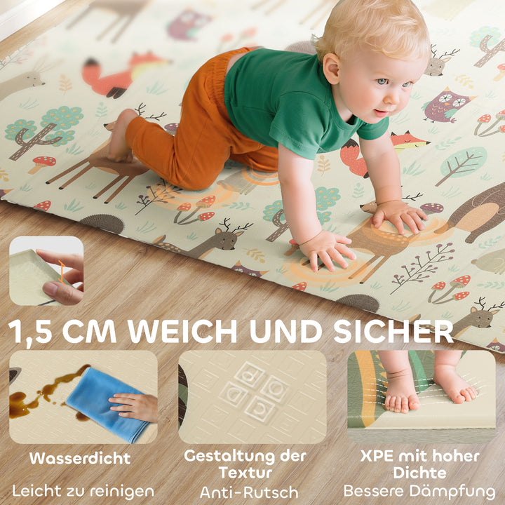 Babylegemåtte 196 x 176 x 1,5 cm foldbar dobbeltsidet kravlemåtte flerfarvet