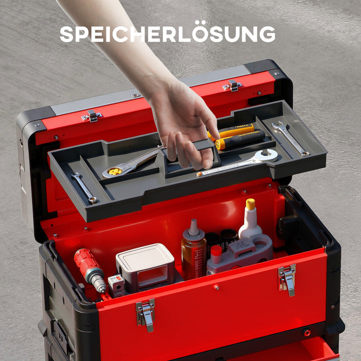 3-Lags værktøjskassesæt med hjul, sammenlåsning, stål, plastik