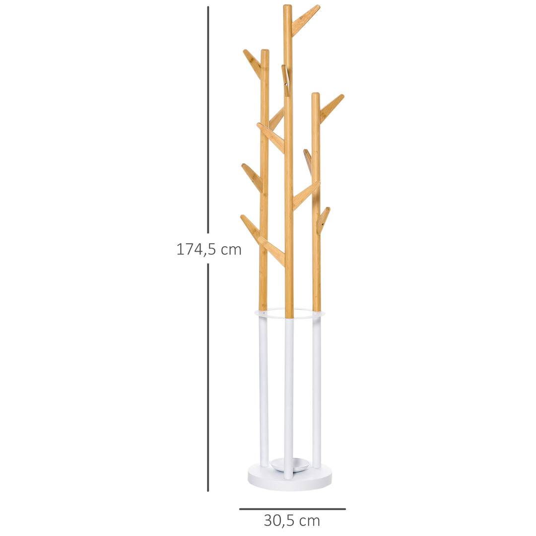 Knagerække, tøjstativ med 12 kroge og paraplystativ, træformet knagerække, moderne jakkestativ til tøj, hat, taske, til stue, soveværelse, bambus, natur + hvid