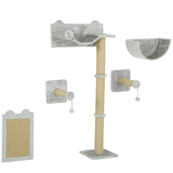 5-Delt vægmonteret klatresæt til indekatte med kradsetræ, kradsemåtte, katteseng og legetøjsbolde, lysegrå