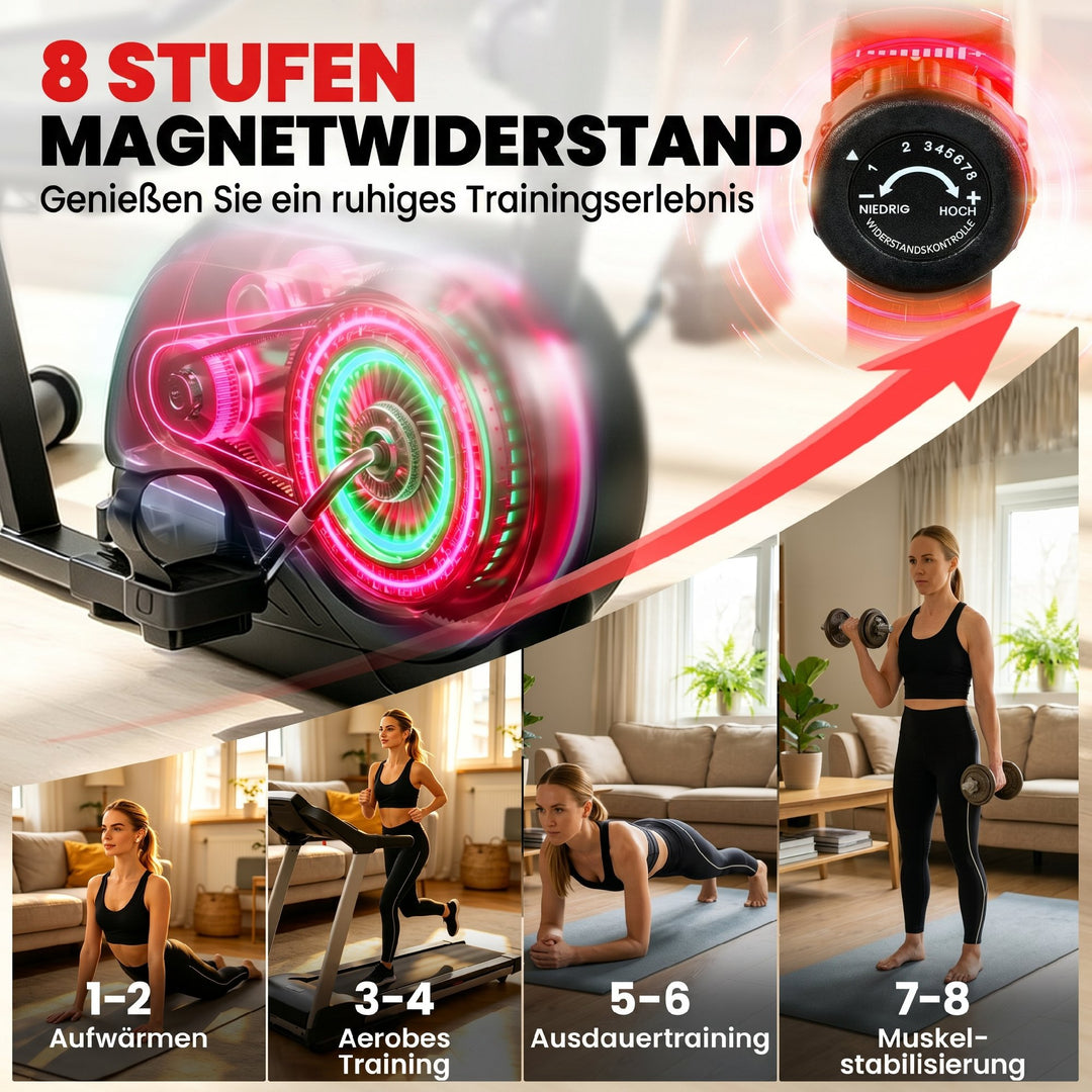 Liggecykel til hjemmebrug med 8 justerbare modstandsniveauer, magnetbremse, app, pulssensor, LCD-display og fodstropper.