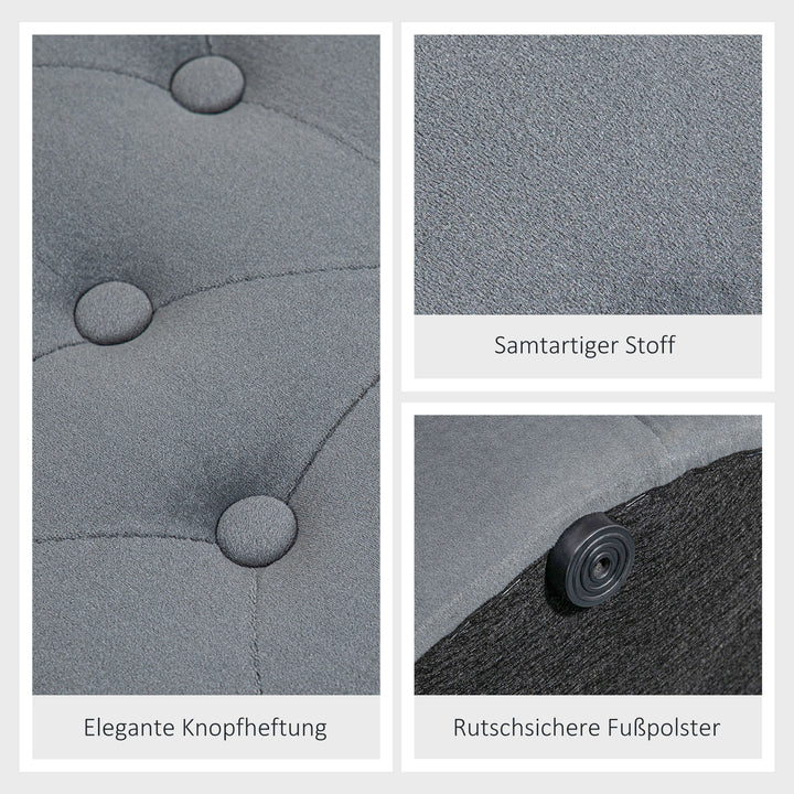 Rund skammel med opbevaringsrum, quiltet design med knapper, betræk i fløjlslook, grå, 60 x 60 x 40 cm