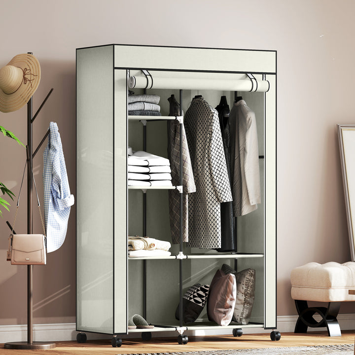 Stofgarderobe, opbevaringsløsning, 6 hylder, 1 garderobestang, cremefarvet