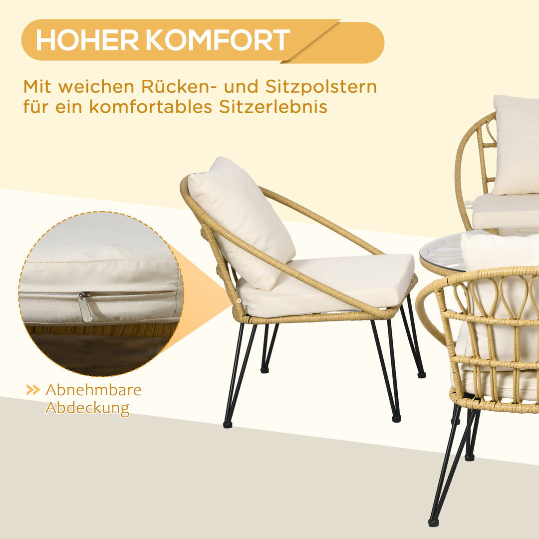 Havemøbelsæt med 5 dele, bohemestil, 1 spisebord og 4 stole, hynder, polyrattan, beige/natur