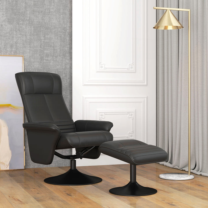 Polstret lænestol, accentstol med fodskammel, drejelig, ergonomisk, mikrofiberlook, op til 150 kg, sort