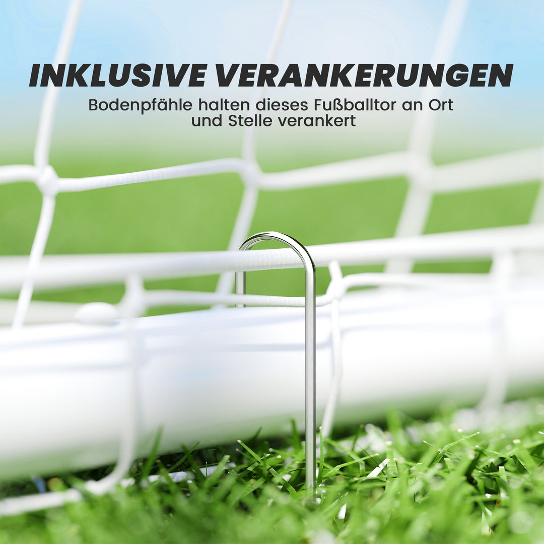 Fodboldmål, robust net, plastikramme, pløkker, 240L x 90B x 180H cm, hvid