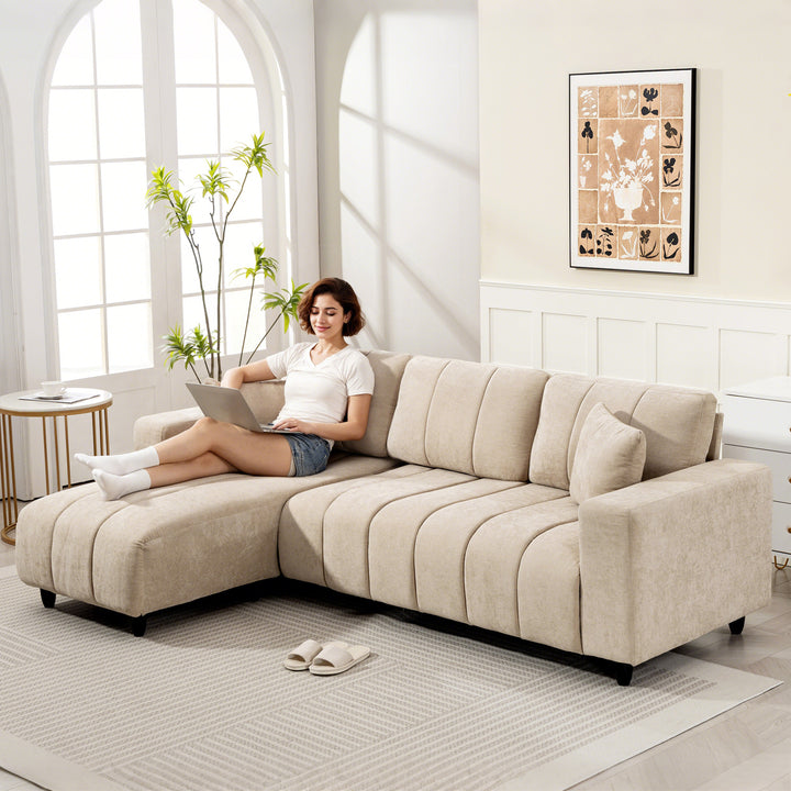 Hjørnesofa, vendbar chaiselong, hynder, 242 x 156 x 87 cm, beige