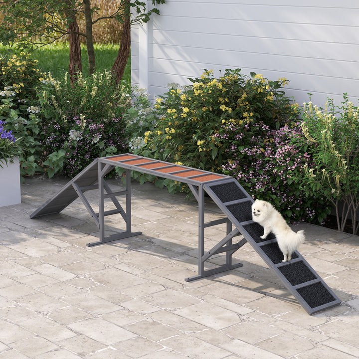 Hundeagilitybro med sikkerhedsstang, skridsikker overflade, vejrbestandig, agilityudstyr til hunde op til 40 kg, 335x55x60 cm, grå