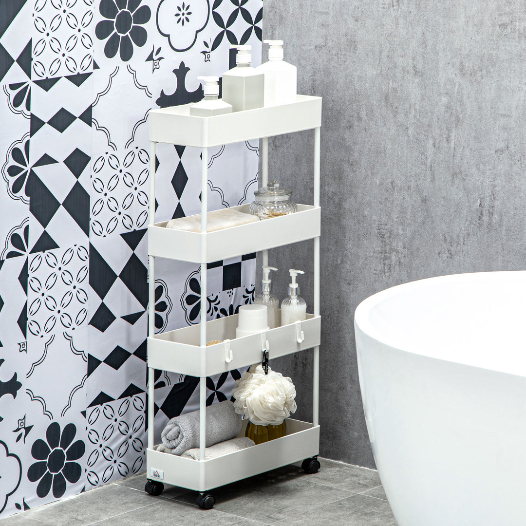 Køkkenvogn med 4 hylder, 4 fleksible kroge, 4 hjul, 40 cm x 19 cm x 90 cm, nichevogn, hvid