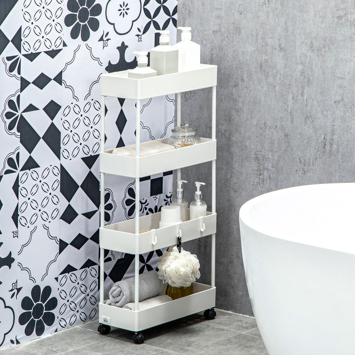 Køkkenvogn med 4 hylder, 4 fleksible kroge, 4 hjul, 40 cm x 19 cm x 90 cm, nichevogn, hvid