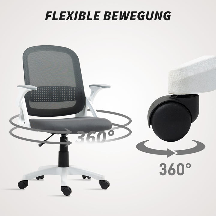 Åndbar netkontorstol, ergonomisk drejestol med foldbare armlæn og lændestøtte, grå