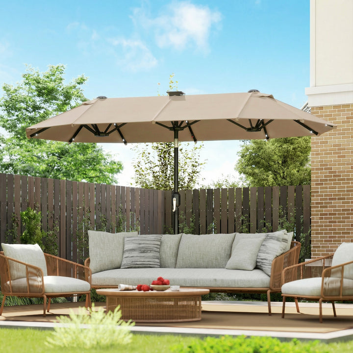 Dobbelt parasol 292 x 150 cm, parasol med LED-belysning, håndsving, vippefunktion, khaki