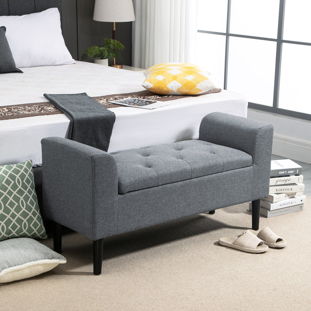 Opbevaringsbænk, polstret bænk, belastningskapacitet op til 130 kg, hørlook, gummitræ, 116 x 44 x 58 cm, lysegrå