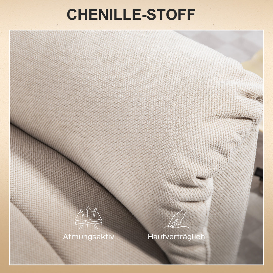 Powerlift-stol, massagestol med varmefunktion, polstret stol med fodstøtte, sidelomme, stofbetræk, beige