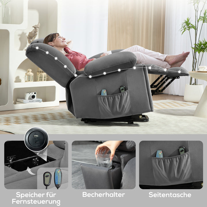 Elektrisk løftestol, blødt, fløjlsblødt stof, USB-porte