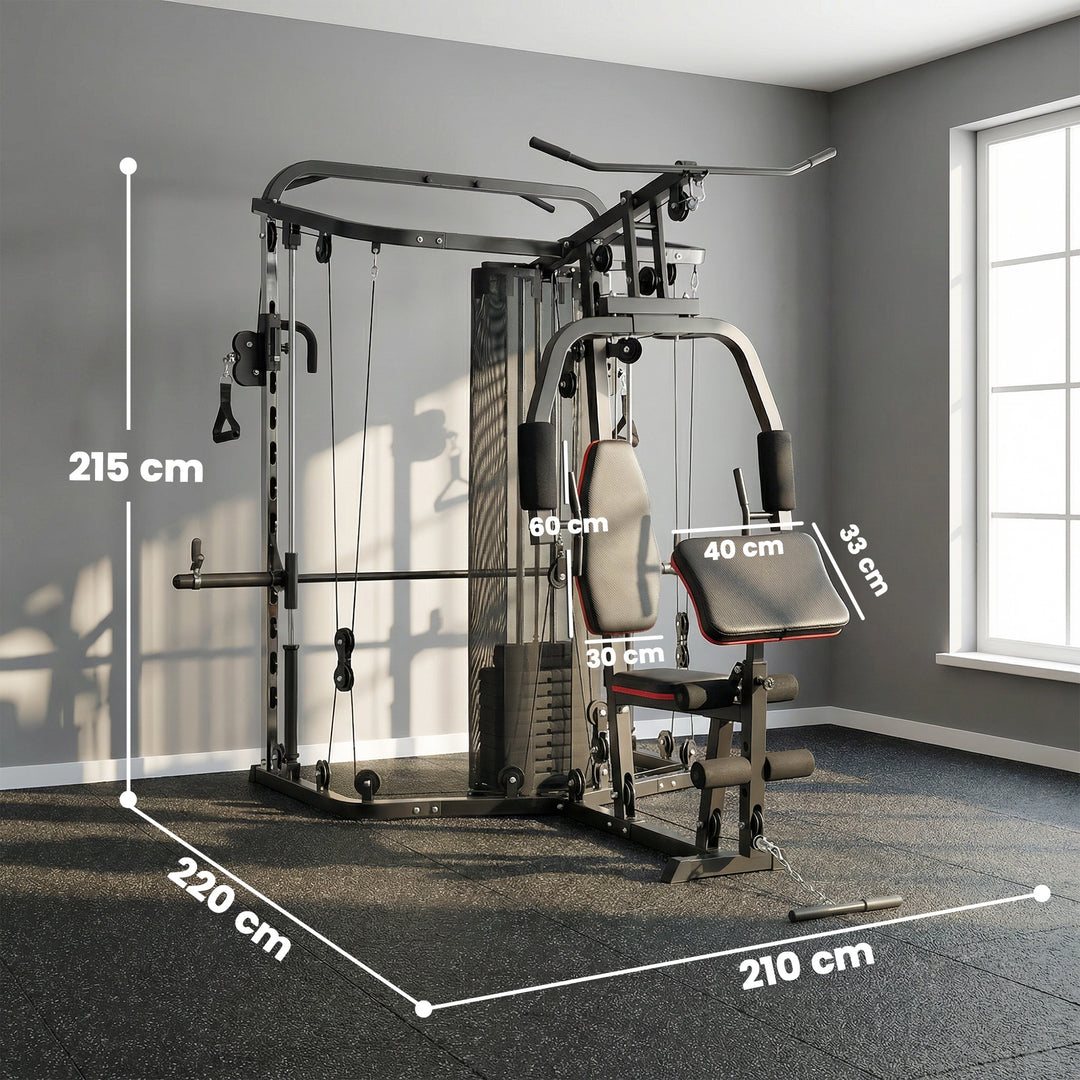 Power rack fitnessstation med 65 kg vægte, lat pulldown, butterfly bar, justerbar preacher bænk, bentræner