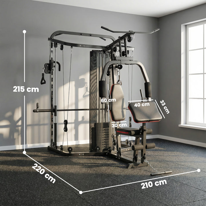 Power rack fitnessstation med 65 kg vægte, lat pulldown, butterfly bar, justerbar preacher bænk, bentræner