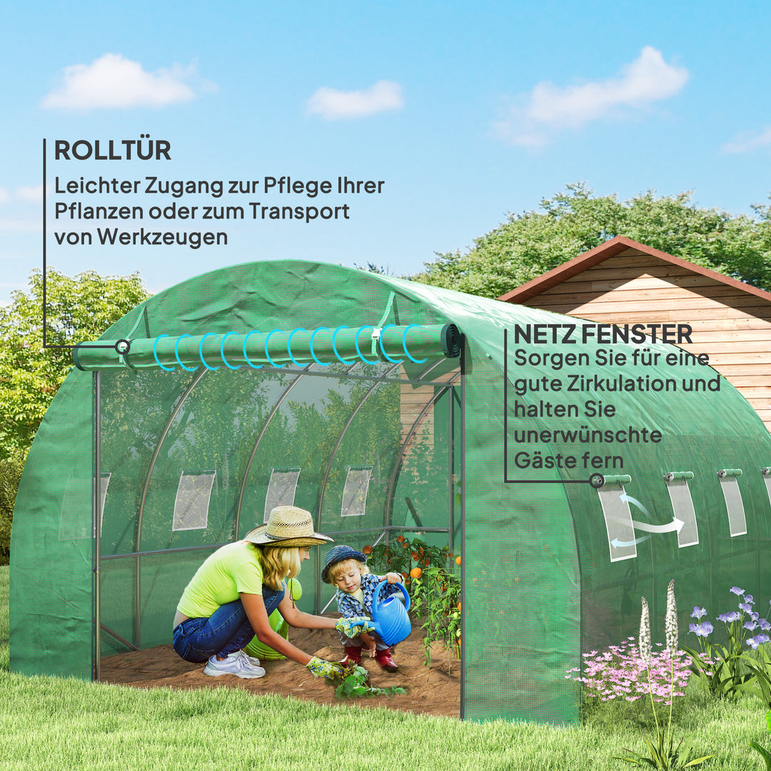 Polytunnel drivhus med plastikdæksel og stålramme, walk-in drivhustelt med rulledøre, grøn