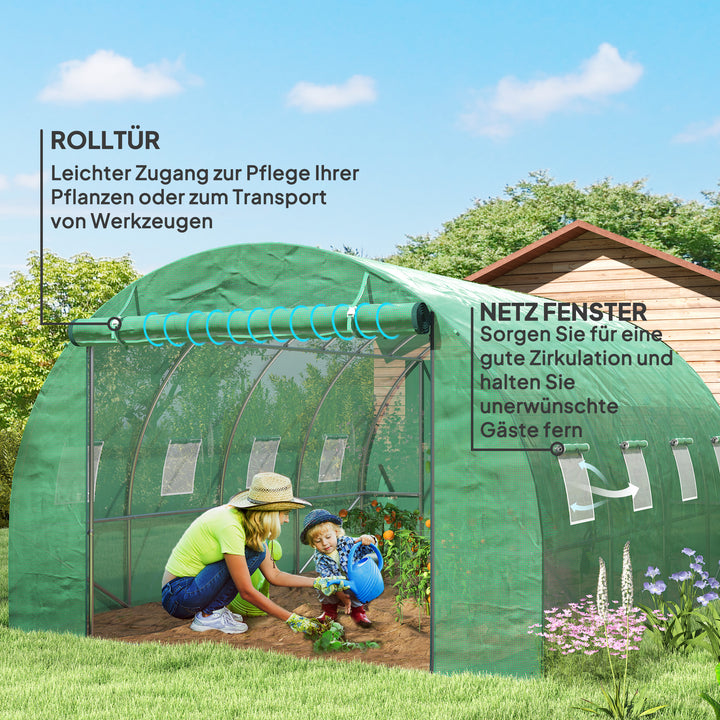 Polytunnel drivhus med plastikdæksel og stålramme, walk-in drivhustelt med rulledøre, grøn
