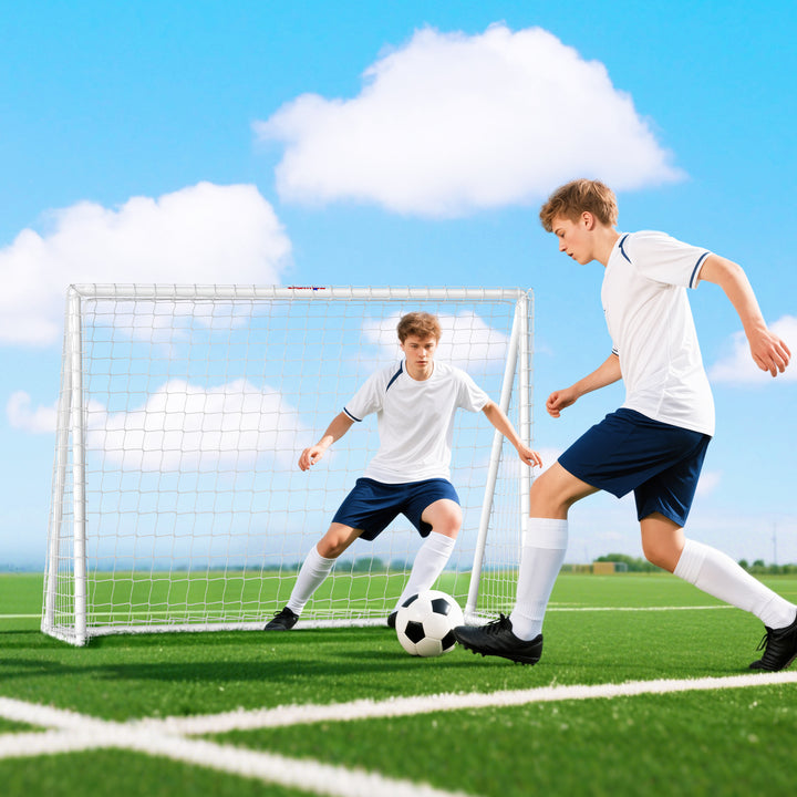 Fodboldmål, robust net, plastikramme, pløkker, 240L x 90B x 180H cm, hvid
